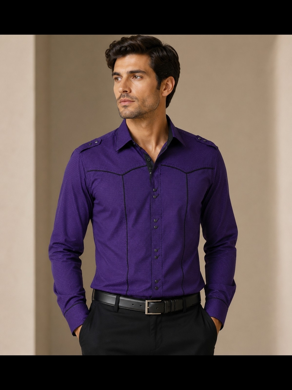 Men's Western Purple Dress Shirt with Contrast Stitching by Lanzo